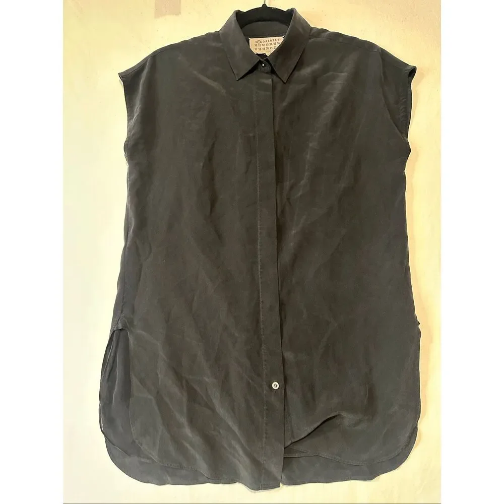 MM6 Maison Margiela Black Silk Sleeveless Button Front Blouse Top Size 40 US 4/6